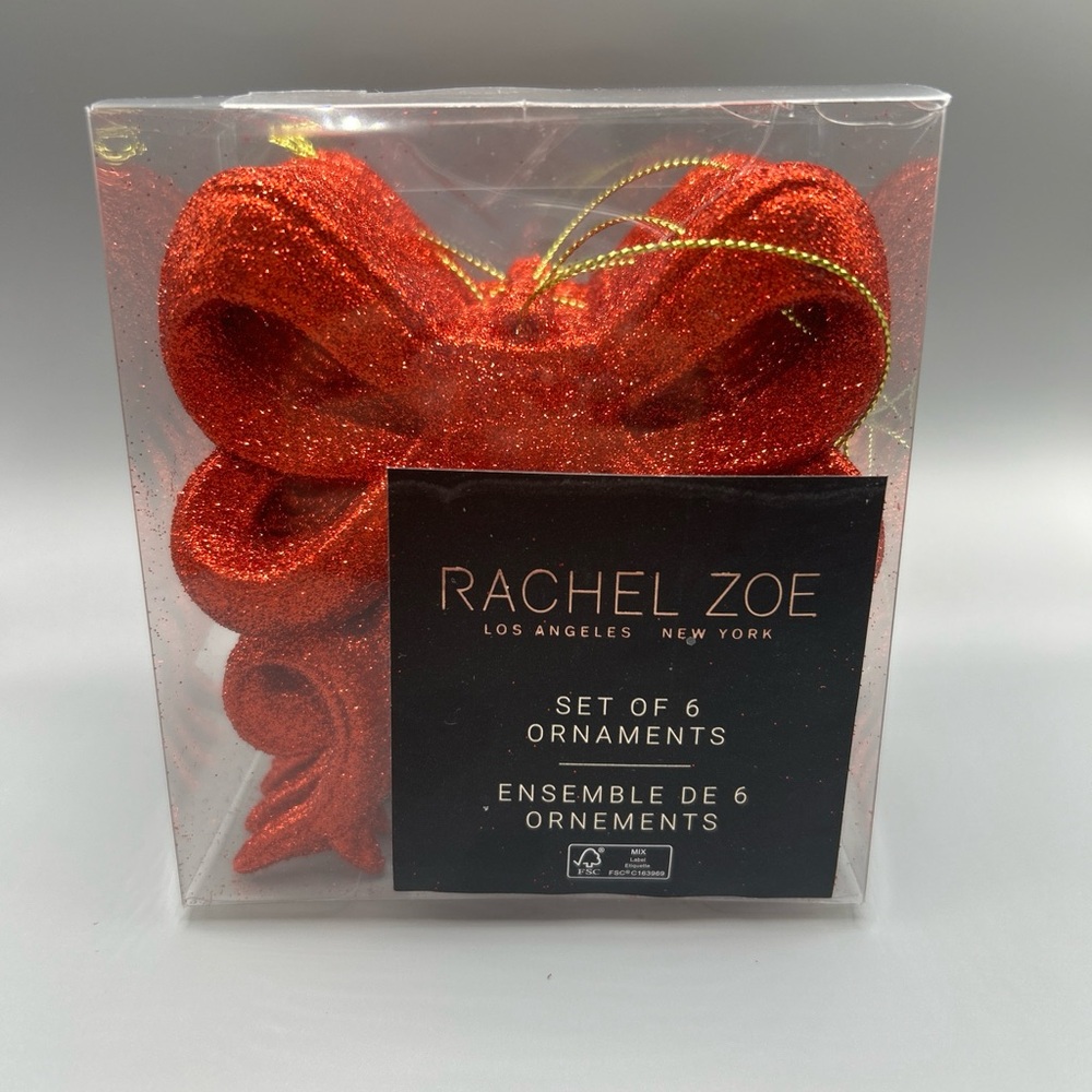 Rachel Zoe RED GLITTER BOW 4” CHRISTMAS Ornaments VIRAL Set of 6 NEW